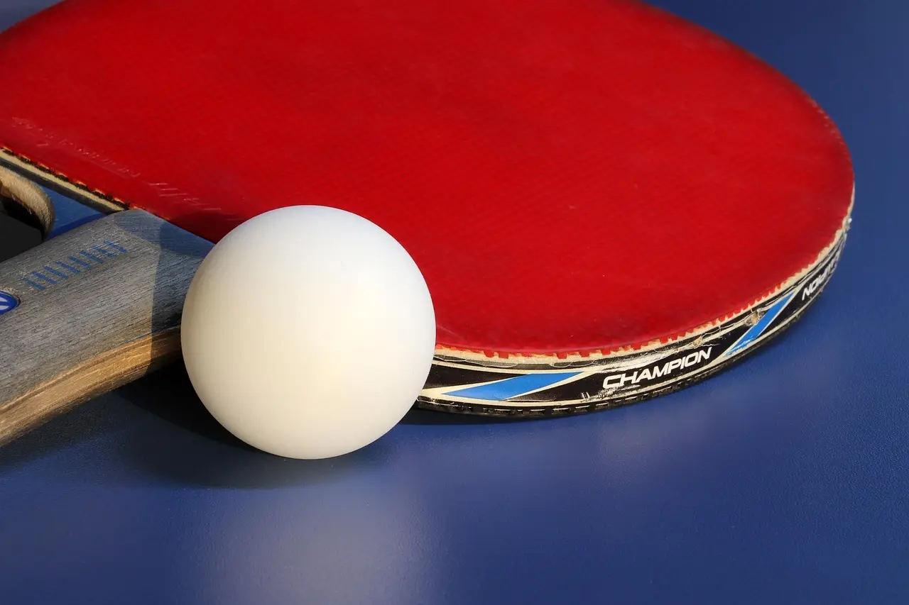 Rødt bordtennisbat og hvid bordtennisbold